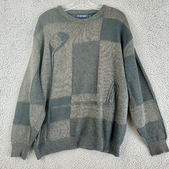 Vintage CARMEL Sweater Men's Medium Golf Clubs Check Grandpa Made in USA - Picture 1 of 5